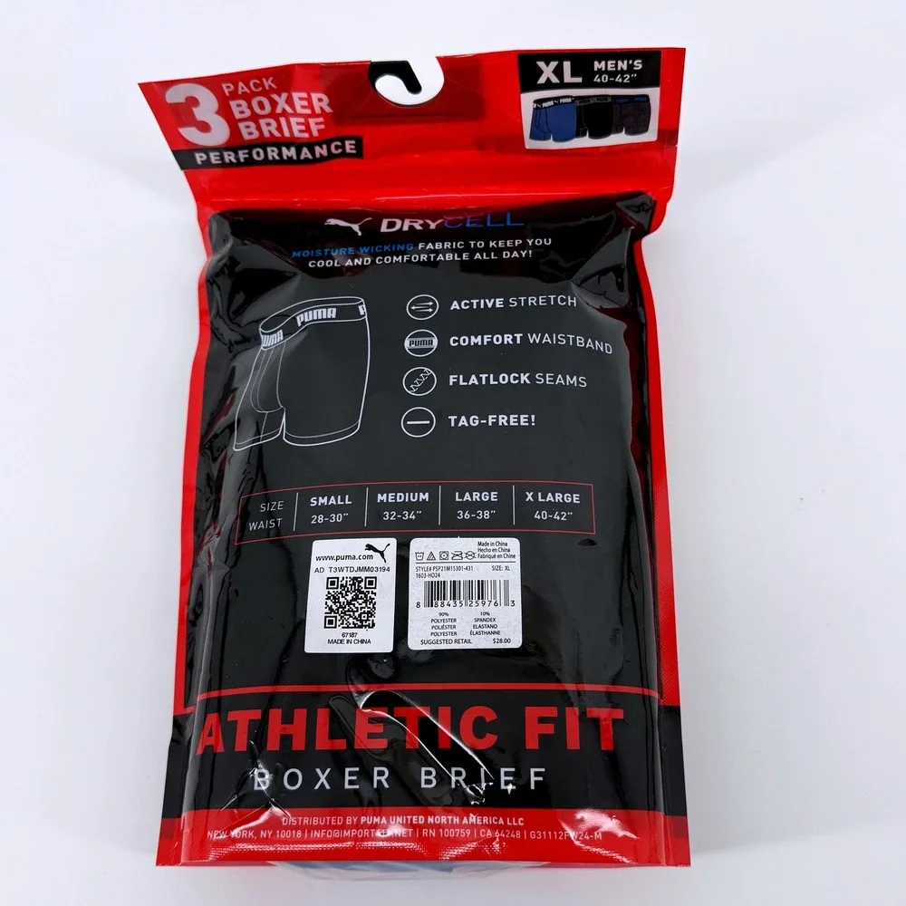 Puma Boxer Briefs Men XL 3-Pack Performance Athletic Fit DryCell Underwear